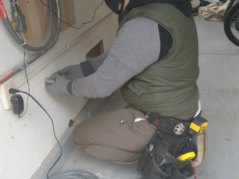 Electrician performing outlet wiring in a Heber-Overgaard garage